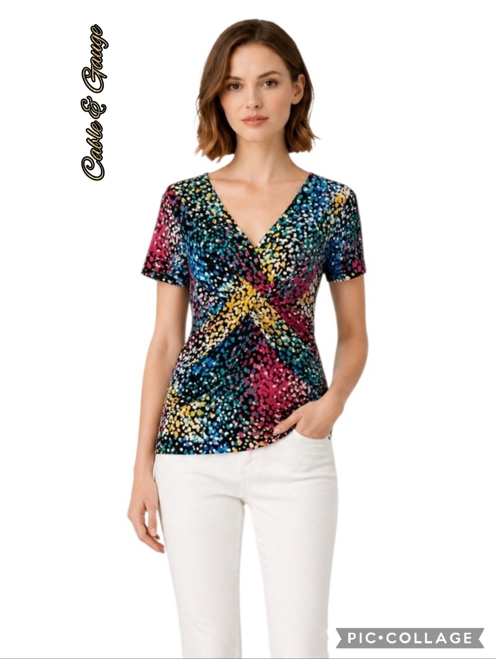 Cable & Gauge black multicolor v-neck twist-front short sleeve top sz lrg